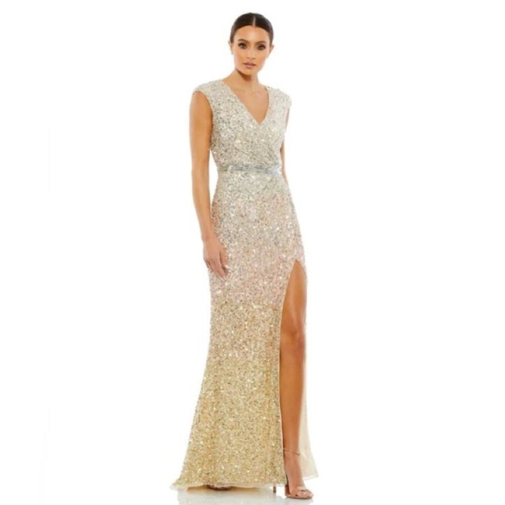 NWT Mac Duggal Cap Sleeve High Slit Gown 5489 Nude Ombre